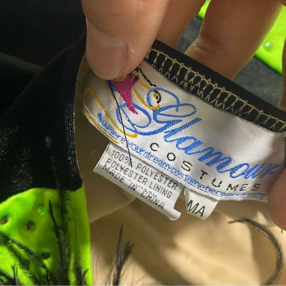 Glamour solo dance costume neon green Feather rhinestone embellished leotard MA - Picture 11 of 13